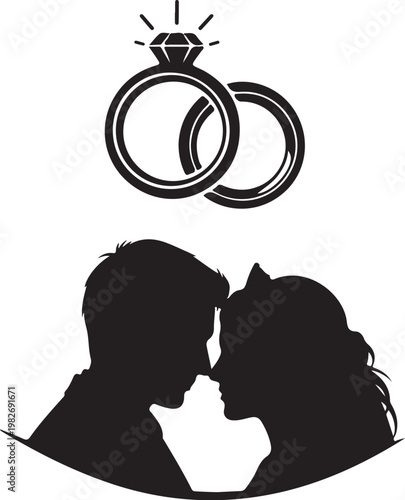 Romantic Wedding Rings and Silhouette of Loving Couple
