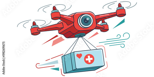 Medical Drone Delivery: A sleek, red drone carries a medical kit, symbolizing innovation and efficiency in healthcare delivery. Witness the future of medicine through technology and service.
