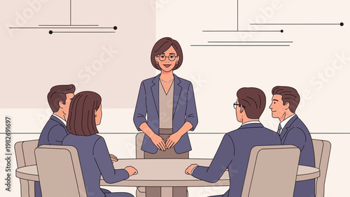 Businesswoman leading meeting with diverse team around conference table