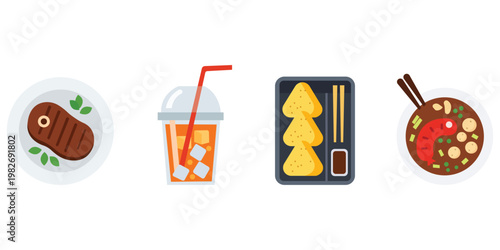 Culinary Delights: A vibrant array of enticing culinary items, including a succulent steak, refreshing iced drink, savory dumplings, and a flavorful bowl of soup.