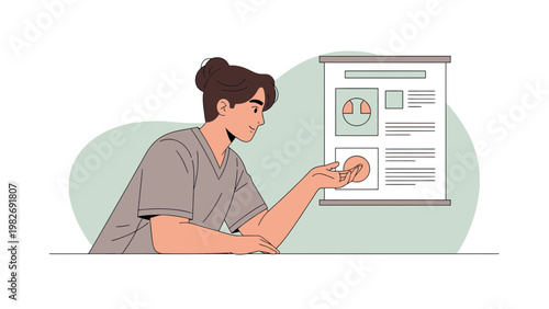 Businesswoman presenting data charts and graphs on a presentation screen