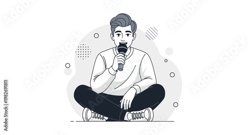 Man Sitting Cross-legged Holding Microphone, Singing or Speaking
