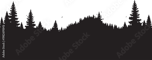 Black Silhouette of Pine Trees on White Background