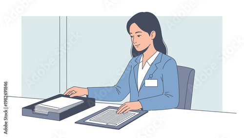 Businesswoman working at desk with documents and paper tray in office