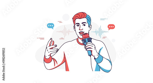 Man speaking into microphone with sound waves and speech bubbles, illustration