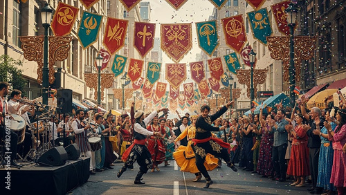 Energetic folk dancers performing traditional choreography on a city street decorated with medieval style banners.