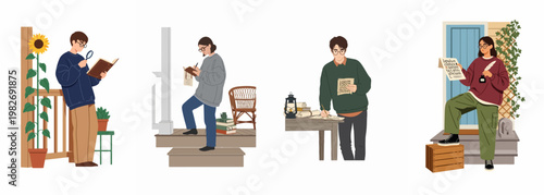Set of diverse characters engaged in reading, writing, and researching historical documents in various settings, featuring scrolls, books, and magnifying glasses.