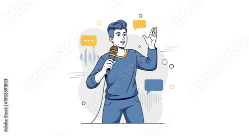 Man speaking into microphone with speech bubbles and sound waves, illustration