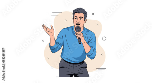 Man Speaking into Microphone, Gesturing Hand, Presentation, Public Speaking, Event Host