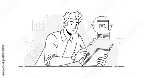 Man studying online courses and making notes in a notebook, learning concept