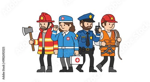 Diverse group of emergency service professionals standing together in a line