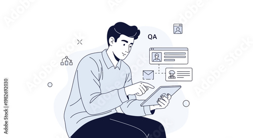 Man Using Tablet for QA and Online Communication, Digital Interface Concepts
