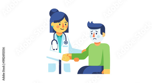 Caring doctor providing comfort and support to a sick male patient in a medical consultation. Healthcare professional offering assistance and empathy during illness