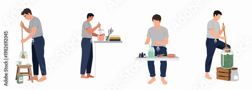 Cuadro en lienzo Illustration set of a man making eco-friendly homemade laundry detergent and cleaning products with natural ingredients like baking soda and essential oils