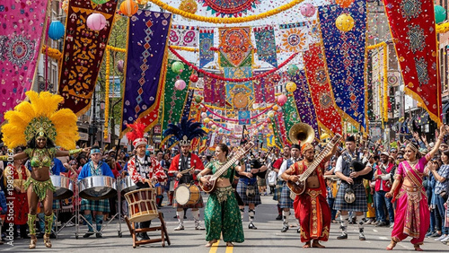 Vibrant multicultural parade with diverse musicians playing traditional instruments under festive lanterns and banners.