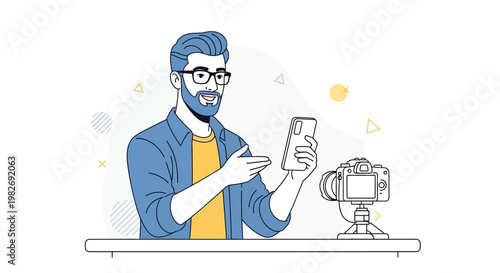 Man Vlogger Recording Video with Smartphone and Camera on Tripod