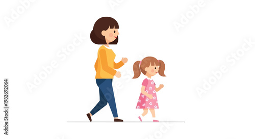 Vibrant cartoon illustration of a loving mother and her little daughter taking a cheerful walk together, symbolizing family connection and nurturing care
