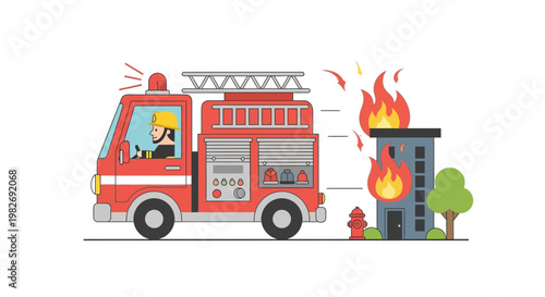 Firefighter responding to a building fire in an illustration, emergency services in action