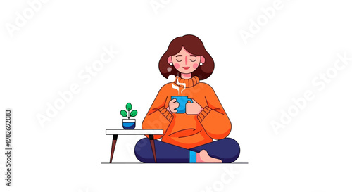 Woman Enjoying a Warm Beverage in a Cozy Setting, Feeling Relaxed