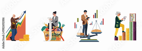 Set of financial and economic illustrations depicting inflation, rising food costs, market growth, and budget management with diverse characters.