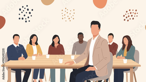 Diverse business team meeting around a table, modern flat illustration