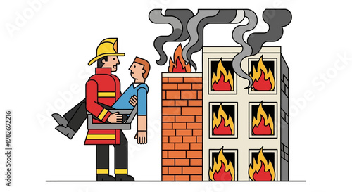 Firefighter bravely rescuing a person from a burning building with flames visible and smoke billowing from windows