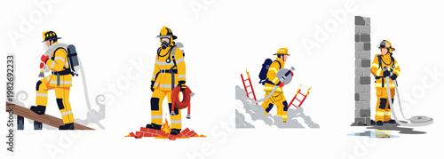 Set of vector illustrations depicting firefighters in various rescue and firefighting actions, including carrying hoses and navigating smoke-filled environments.