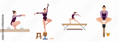 Flat illustration set of a female gymnast practicing on a balance beam, applying chalk and water for grip, in various artistic poses.