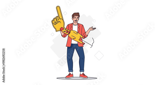 Man with foam finger and rubber chicken, celebrating, funny, humor, entertainment