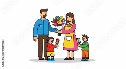 Loving Family Expresses Affection by Presenting a Beautiful Bouquet of Flowers to Their Appreciative Mother