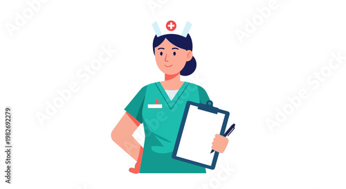 Professional nurse holding clipboard and pen, ready for medical consultation and patient care