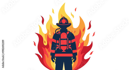Brave Firefighter Icon Surrounded by Intense Blazing Flames - Professional Emergency Rescue Worker Battling Fire Hazard
