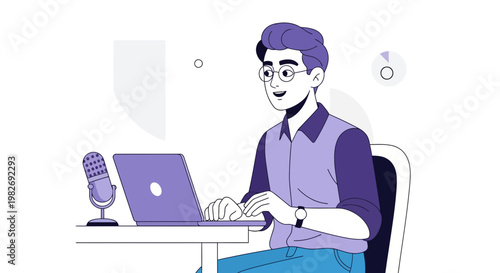 Man with glasses working on laptop with microphone, podcasting or online meeting concept