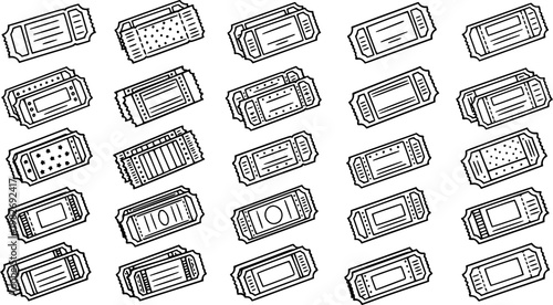 Hand-drawn Black  White Line Art Tickets Set for Entertainment and Events. Doodle Style Admission Passes and Vouchers Icon Collection.