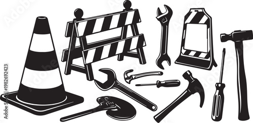 Construction tools and equipment in black and white