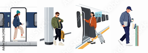 Flat vector illustration set of modern commuters using technology at a high-speed train station platform for travel and daily transit.