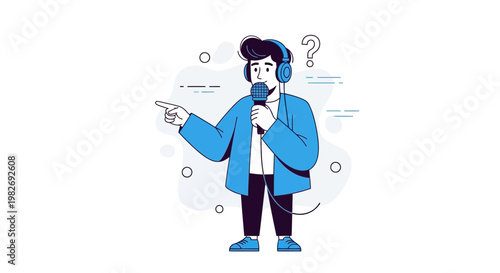 Man with headphones and microphone pointing, podcasting or speaking, with question mark