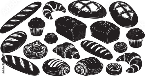 Black and white bakery illustration with pastries