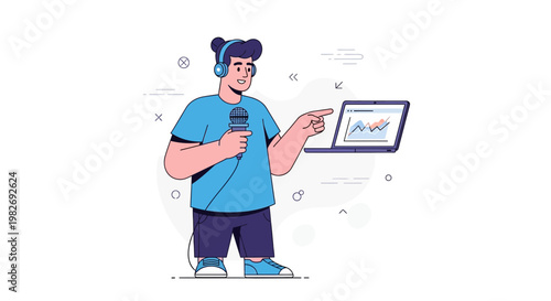 Man with headphones and microphone presenting data on laptop, podcasting or online presentation concept