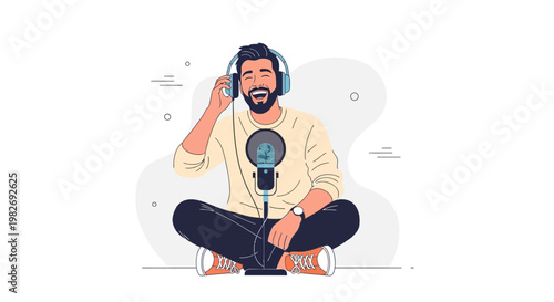 Man with headphones and microphone recording podcast or music at home