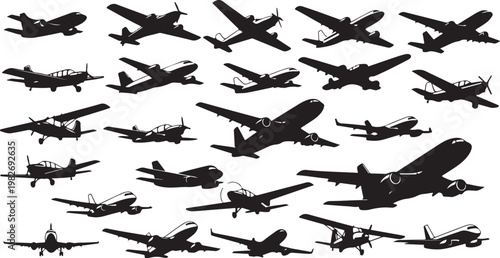 Collection of vintage airplane silhouettes in flight