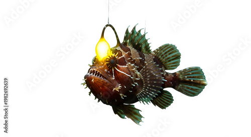 Scary ugly deep sea anglerfish showing bioluminescence lure fish ocean isolated on white background