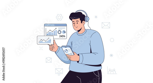 Man with headphones and phone analyzing charts and graphs, business analytics concept