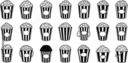 Monochrome Hand-Drawn Popcorn Buckets Line Art Set: Classic Cinema and Entertainment Food Industry Snack Graphics