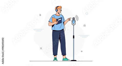 Man with headphones reading book near microphone, podcasting, voiceover, recording