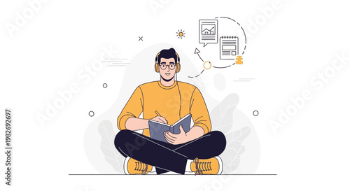 Man with headphones reading a book, learning and thinking, illustration
