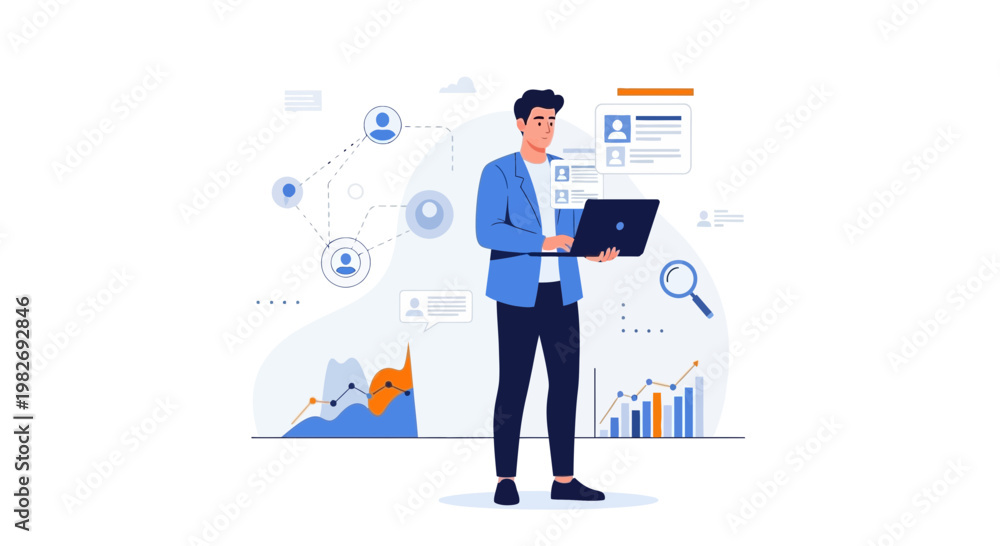 Obraz premium Man with laptop analyzing data charts and network connections, business concept illustration
