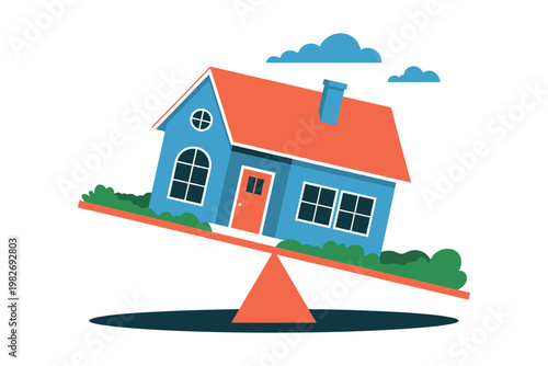 A blue house with an orange roof balanced on a seesaw in a playful illustration