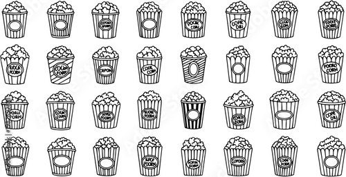 Cinema Food Entertainment Popcorn Buckets Line Art Icon Set. Hand-drawn Black and White Outline Popcorn Containers Collection.