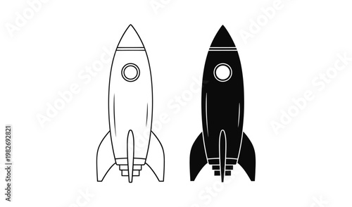 Detailed black and white line art illustration of two rockets, showcasing a minimalist design with a futuristic and technological mood.
